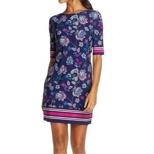Eliza J Navy Floral Print Short Sleeve ￼Stripe Hem Sheath Dress